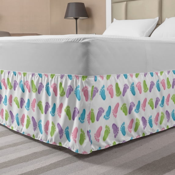 Baby Bed Skirt, Children Footprints Pattern in Many Tones Abstract Design Infant Feet Illustration, Elastic Bedskirt Dust Ruffle Wrap Around for Bedding Decor, 4 Sizes, Multicolor, by Ambesonne