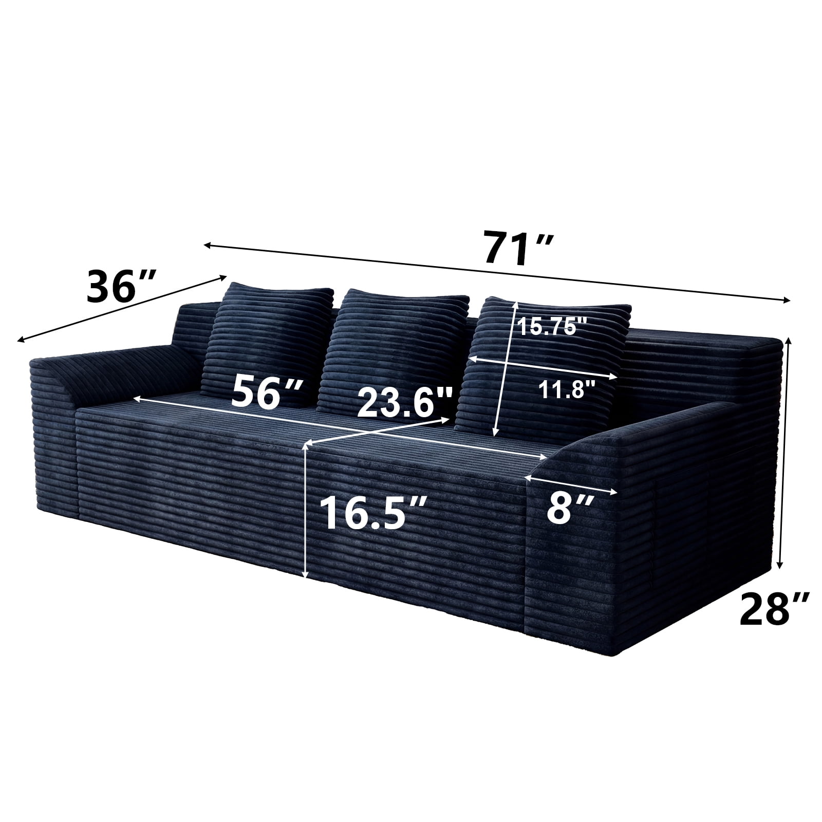 Aukfa 71" 3 Seater Sofa, Corduroy 26" Deep Seat Cloud Couch, No Assembly Boneless Sofa for Living Room, Bedroom, Apartment, Blue