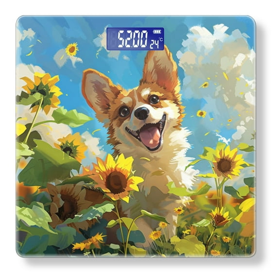 High Precision Body Weight Scale Smart Bathroom Scales with Large LCD Display(400lbs),Decorative for Bedroom-Cute Corgi Smiling In The Midst Of Sunflowers