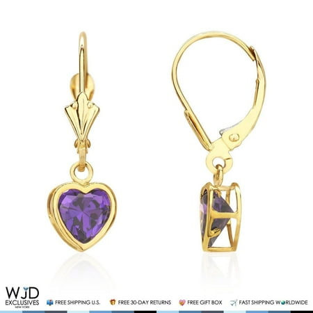 Heart Shaped Amethyst Earrings - 14K Solid Yellow Gold Bezel Set Heart Shaped Amethyst Dangle Lever Back Earrings