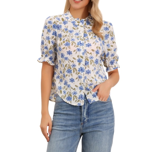 INSPIRE CHIC Mock Neck Top for Women Summer Boho Floral Button Down Shirt Puff Short Sleeve Casual Work Chiffon Blouses XS Blue