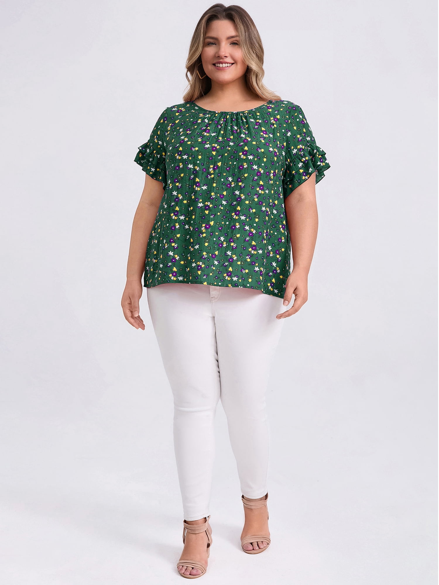 DARING DIVA Women's Plus Floral Print Ruffles Blouse 3X Dark Green