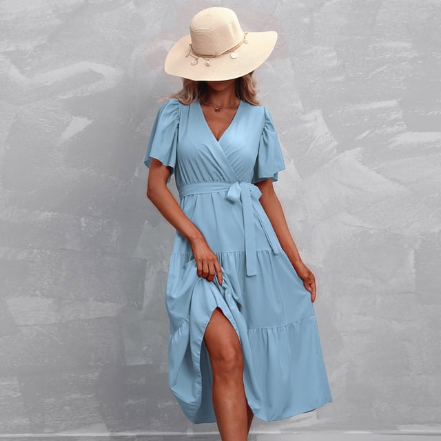 Gspmoly Robes d'Été, Robe Décontractée pour Femmes avec Poches, Robe d'Été à Imprimé Floral, Robe Courte à Col en V, Robes de Soirée pour Femmes en Liquidation