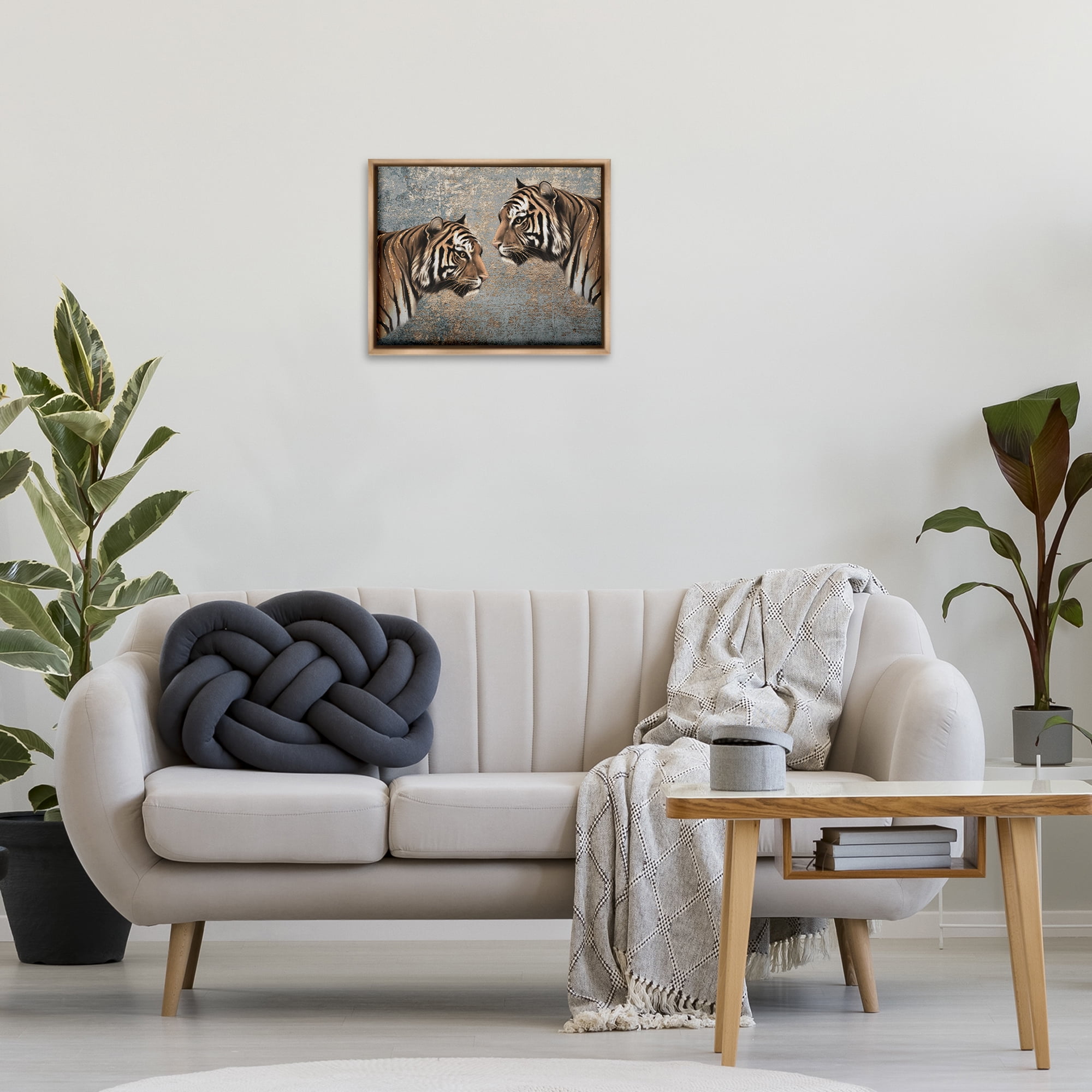 Stupell Industries Mirrored Tiger Duo Animals Painting Brown Floater Framed Canvas Art Print Wall Art, 21 x 17