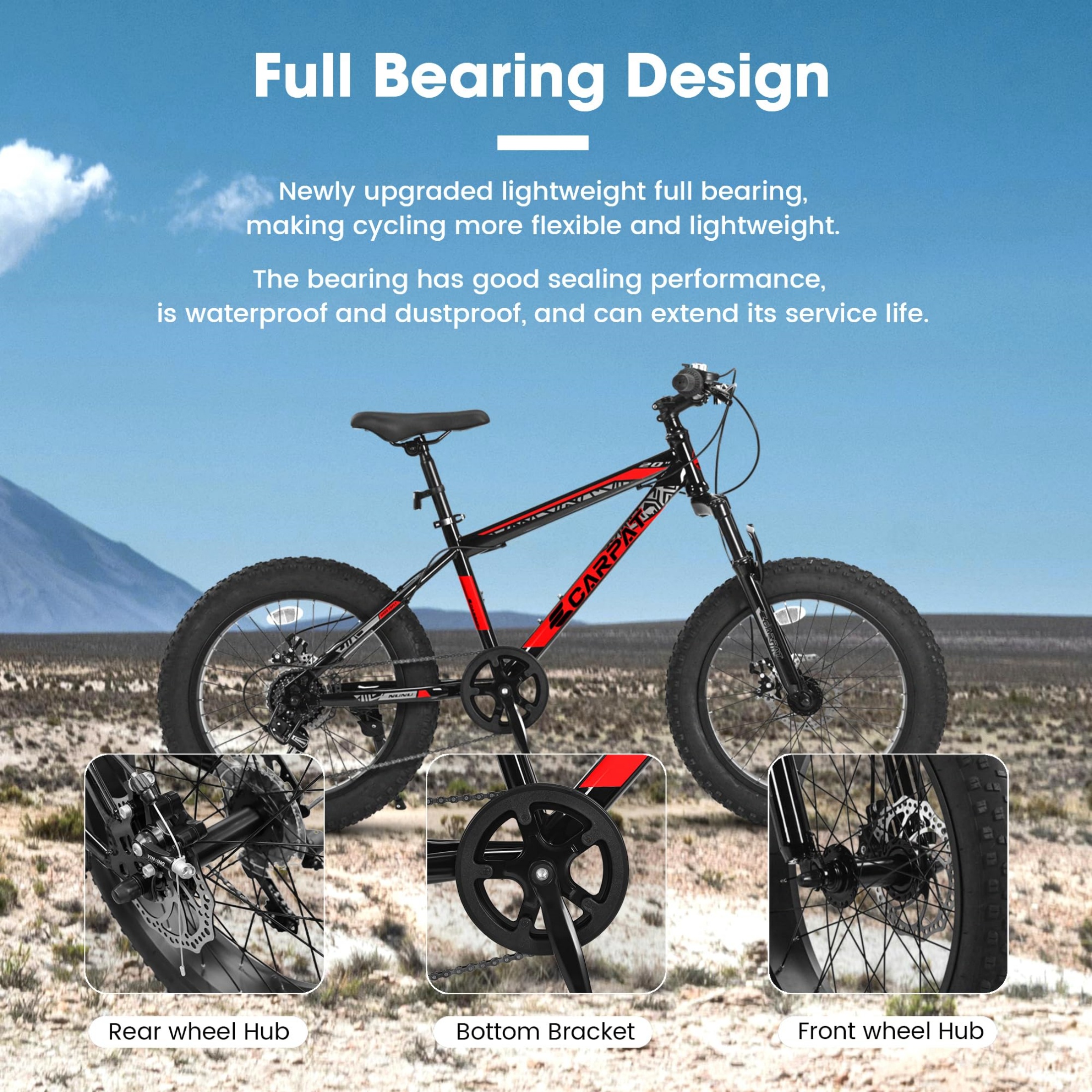 QEEKA 20 Inch Mountain Bike for Kids and Teenagers, High Carbon Steel Frame, Disc Brakes, Durable Wide Tires, Front Suspension, 7-Speed, Ideal for Snow and Off-Road Riding,Black+Red