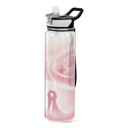 

32oz Transparent Sports Water Bottle with Straw BPA Free Tritan for Kids Adults Outdoor School Gym Fitness Valentine s Day Pink Roses