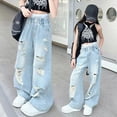 thumbnail image 4 of NOLDARES Girl's Applique Elastic High Waist Jeans Baggy Wide Leg Loose Denim Pants with pockets(Blue,4-5 Years), 4 of 6