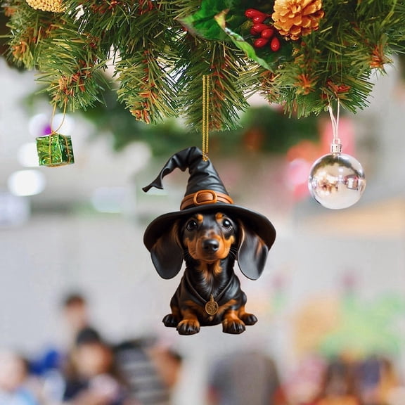 6PCS Christmas Dachshund Dog Ornaments 2D Acrylic Hanging Decorations, Cute Sausage Dog Tree Pendant for Holiday Party Home Decor, Funny Animal Car Interior Wall Gift, Winter Xmas Decor