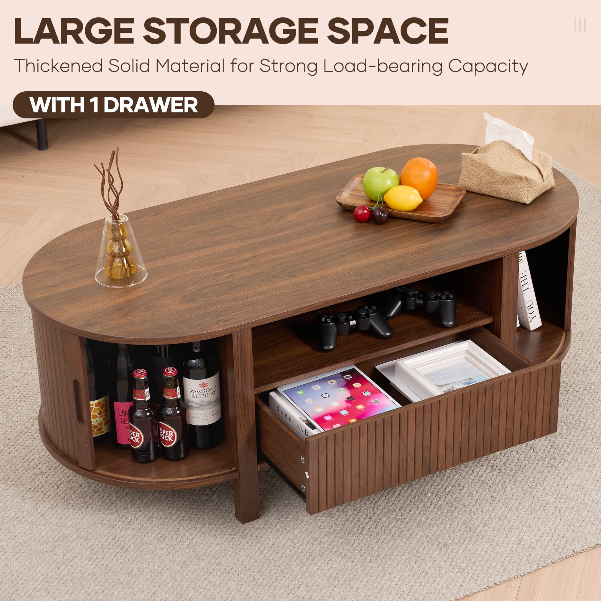 MARNUR Fluted Coffee Table with Storage, Mid Century Modern Center with Sliding Tambour Door for Living Room, Walnut
