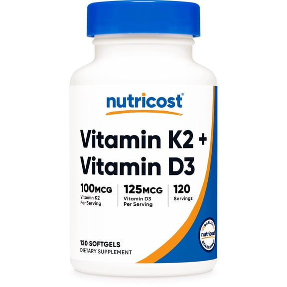 Nutricost Vitamin K2 (100mcg) Vitamin D3 (5000 IU) 120 Softgels, Supplement