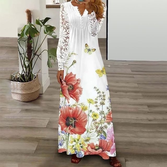 Jienlioq Femmes Robe Femmes Décontracté V-Cou Manches Longues Taille Boutons Impression Robe en Vrac
