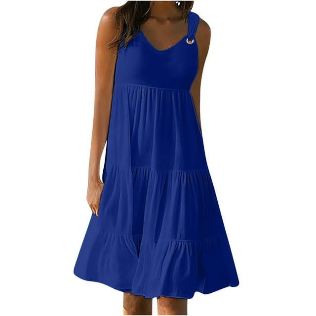 QIPOPIQ Robe T-Shirt Évasée Décontractée d'Été pour Femme, Sortie de Plage, Robe Débardeur Unie à Volants avec Poches, Liquidation
