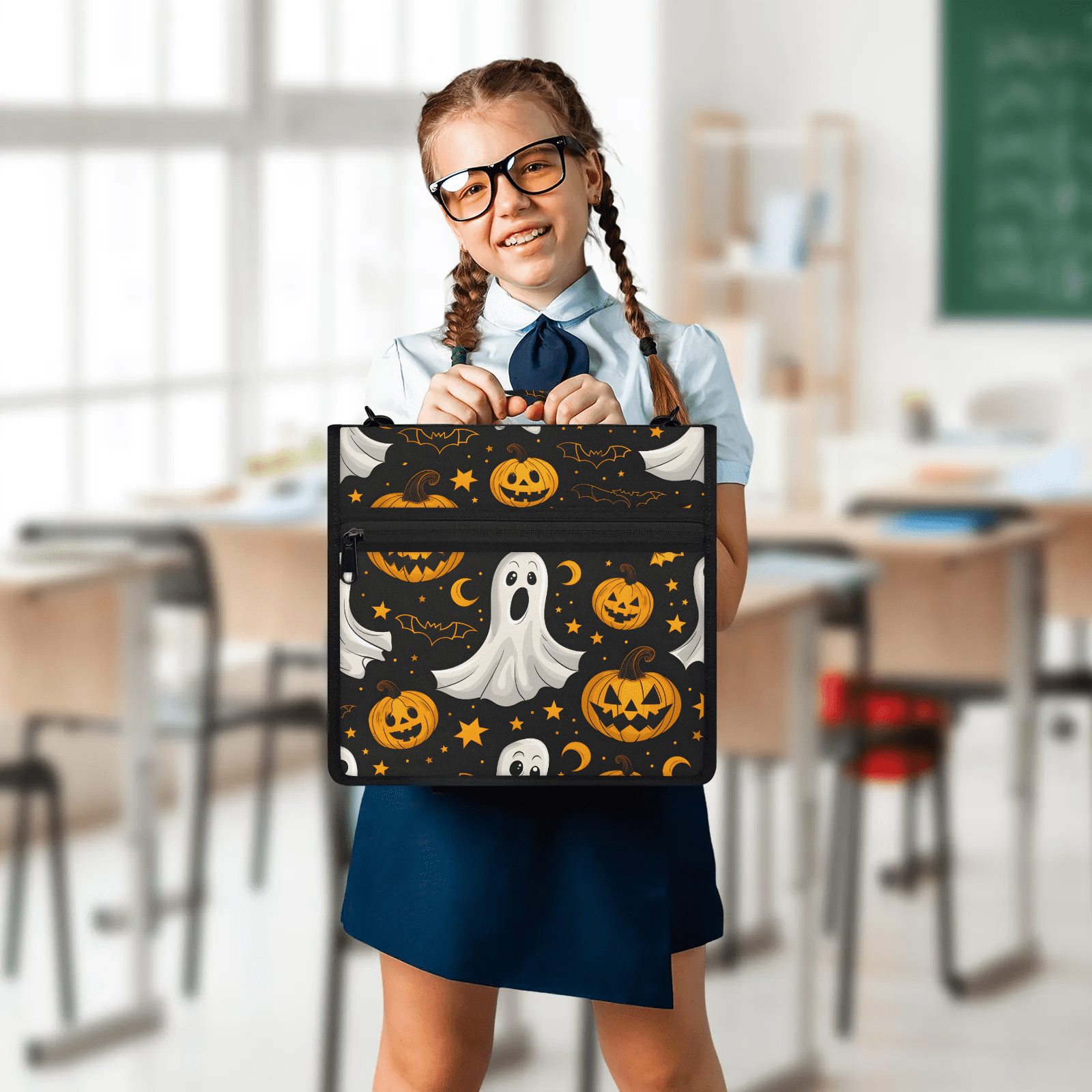 Herdesigns Funny Ghost Zipper Binder 1.5 Inch 3 D-Rings with Shoulder Strap & Handle, Waterproof Halloween Pumpkin Binder Organizer Bag for 13 Inch Laptop