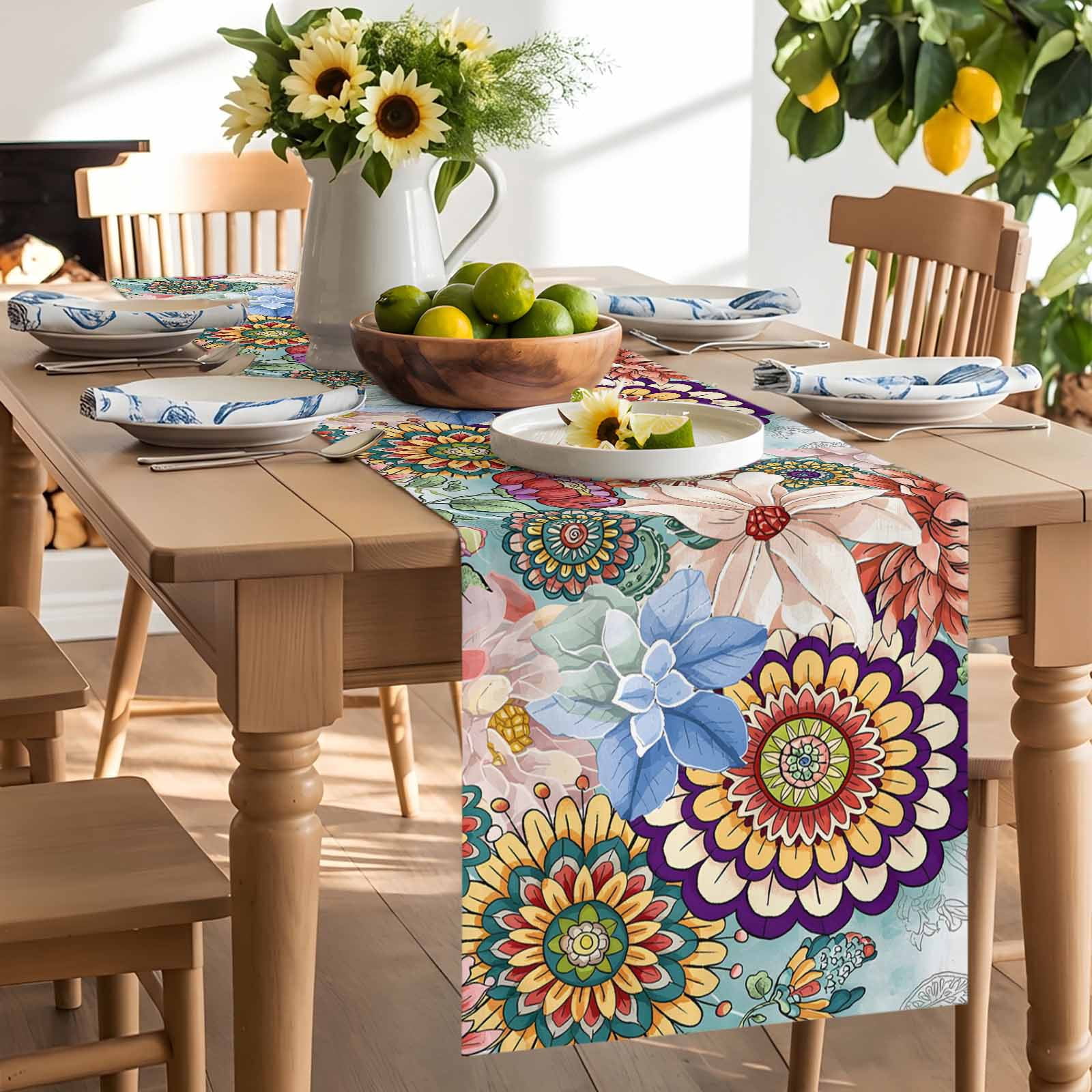 Vintage Bohemian Flowers Table Runner 90 Inches Long, Classic Farmhouse Floral Table Runners Tabletop Scarf Kitchen Dining Tables Decoration for Home Party Indoor Outdoor