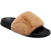 Barerun Women's Fuzzy Faux Fur Open Toe Slides Slippers