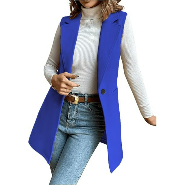 ManxiVoo Womens Notched Lapel Wool Blend Vest Casual One Button Sleeveless Western Style Jacket S Size Blue