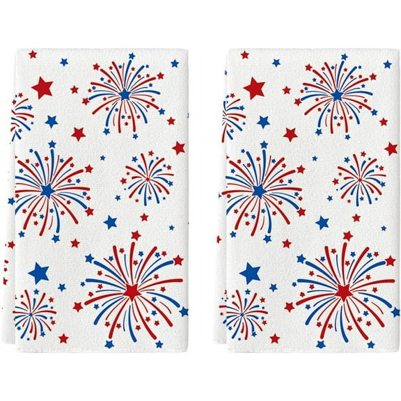 Fireworks Stars Patriotic 4th of July Kitchen Towels Dish Towels, 18x26 Inch Seasonal Summer Decoration Hand Towels Set of 2