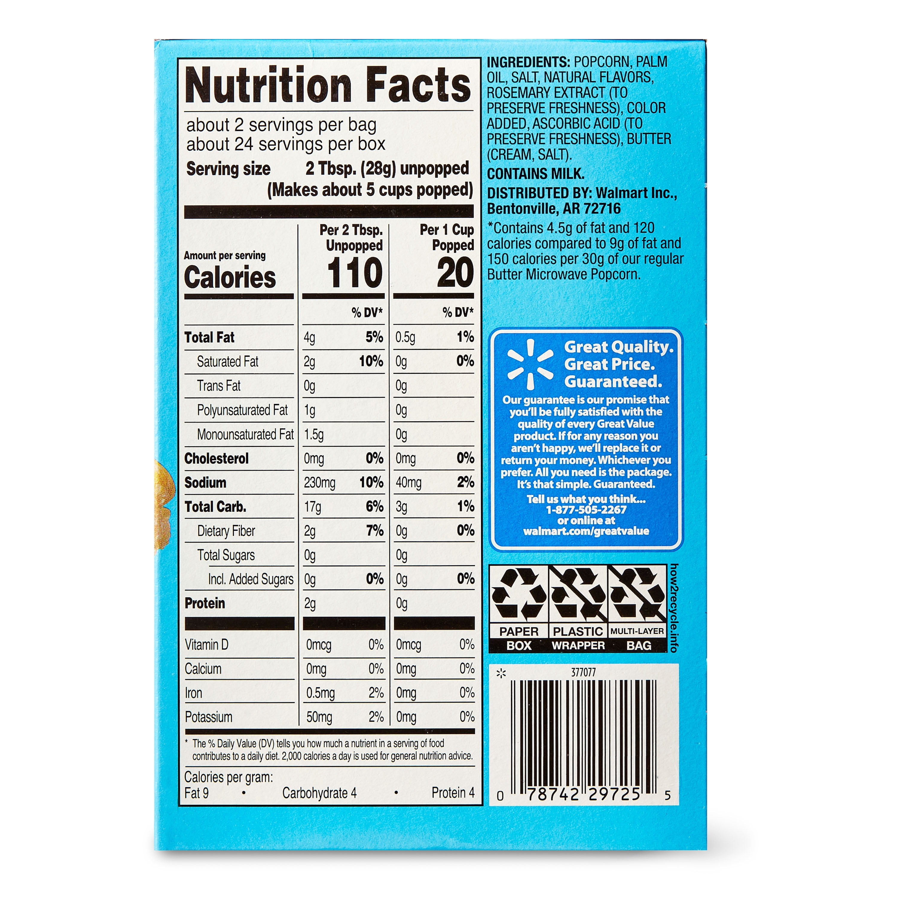 Great Value Light Butter Flavored Microwave Popcorn, 2.03 oz, 12 Count