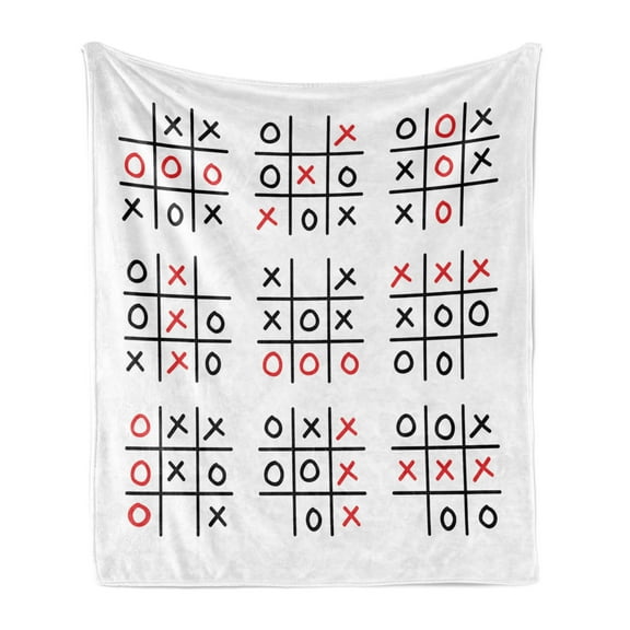 Xo Soft Flannel Fleece Throw Blanket, Doodle Style Tic Tac Toe Game Set Table with X and O Letters Design, Cozy Plush for Indoor and Outdoor Use, 70" x 90", Black White and Red, by Ambesonne