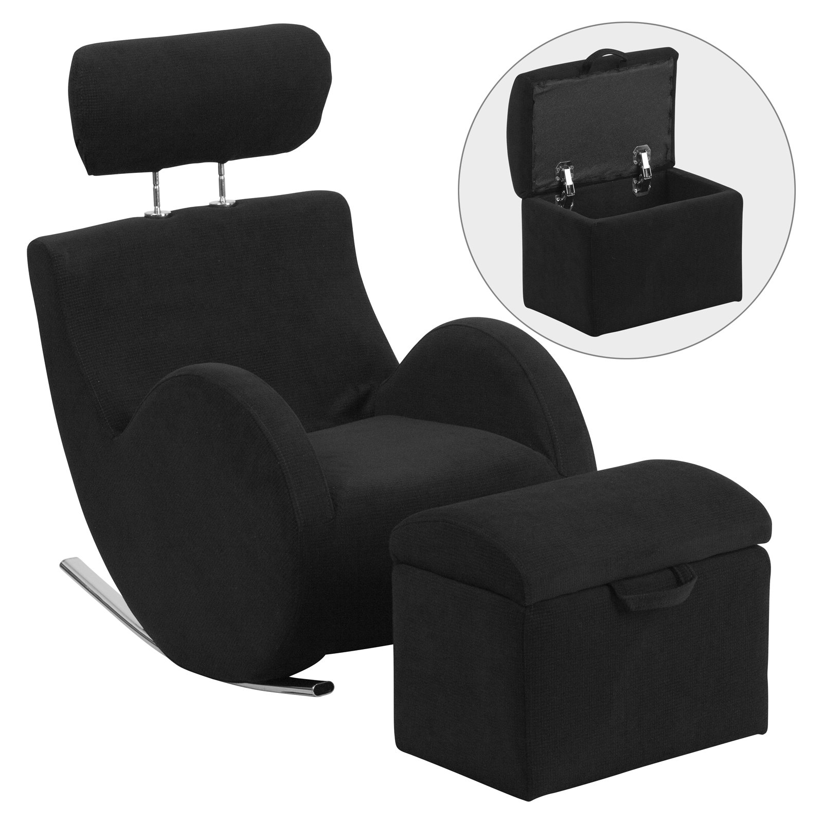 HERCULES Series Black Fabric Rocking Chair with Storage Ottoman