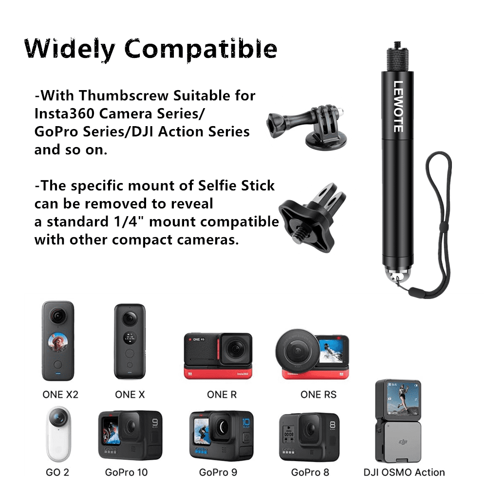 LEWOTE Extendable Selfie Stick Compatible with Insta360 One X2 X3 XR/RS/GO 2 GO 3, Gopro Series,DJI Action Series Monopod Accessories[with Detachable Tripod] (47Inch(120cm))