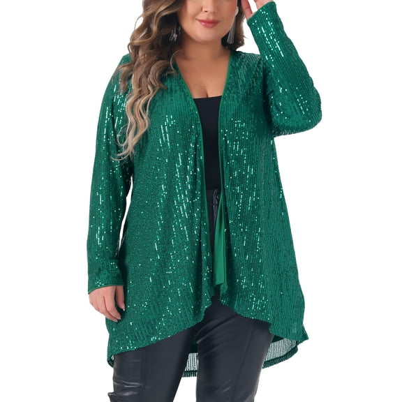 Agnes Orinda Women's Plus Size Sequin Cardigans Sparkly Open Front Long Sleeve Outerwear Coat Glitter Jacket 1X Dark Green