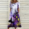thumbnail image 3 of Women's Halloween Print Round Neck Casual Dress with Pockets Short Sleeve Loose Fit Midi Dress Plus Size for Daily Wear Autumn Outfit Purple XL, 3 of 6