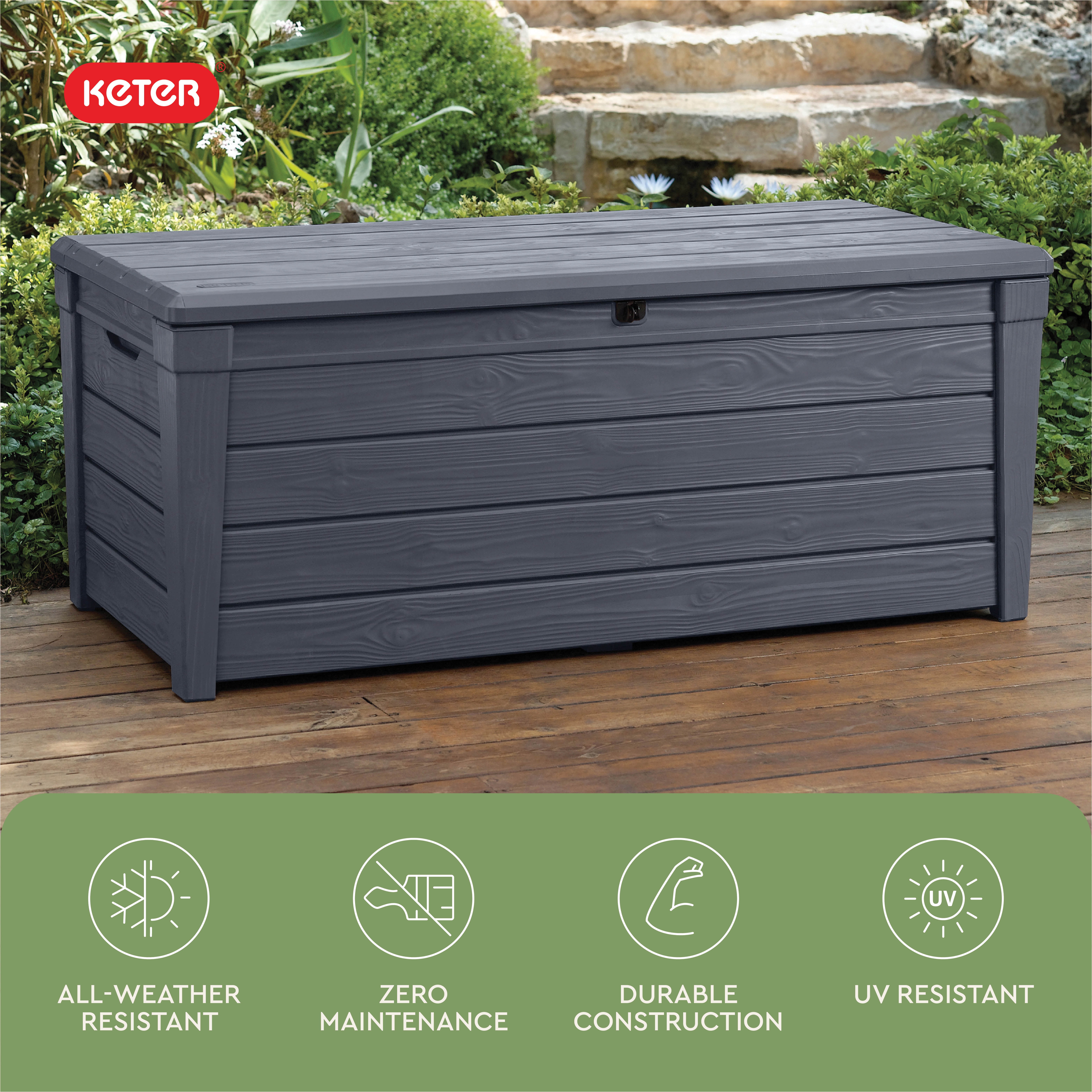 Keter Brightwood 120 Gallon Durable Resin Outdoor Deck Box Storage Organization, Anthracite Gray