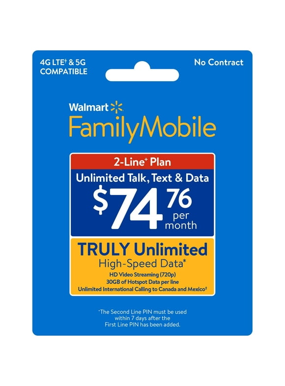 Walmart Family Mobile $74.76 Unlimited 2-Line Plan w 30GB of Mobile Hotspot Per Line e-PIN Top Up (Email Delivery)