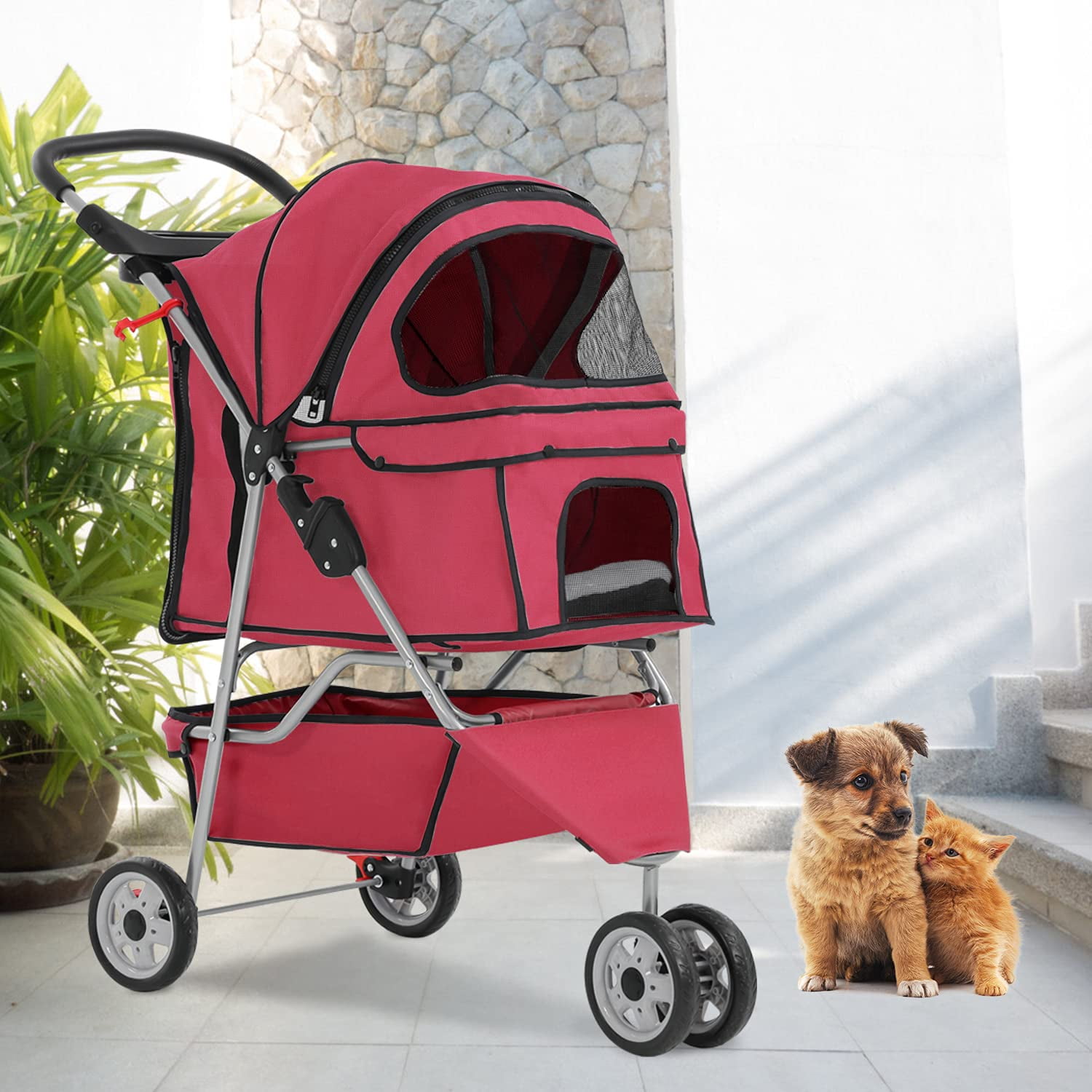 New Red Pet Stroller Cat Dog Cage 3 Wheels Stroller Travel Folding Carrier T13