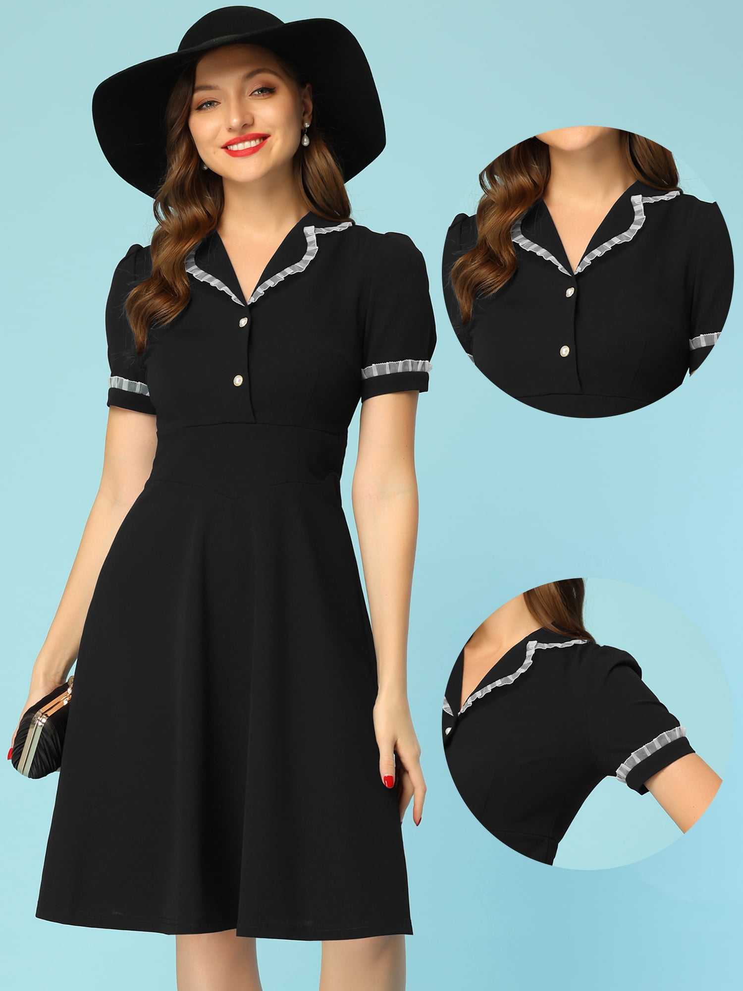 Unique Bargains Women's Ruffled Peter Pan Collar Midi Dresses S Black