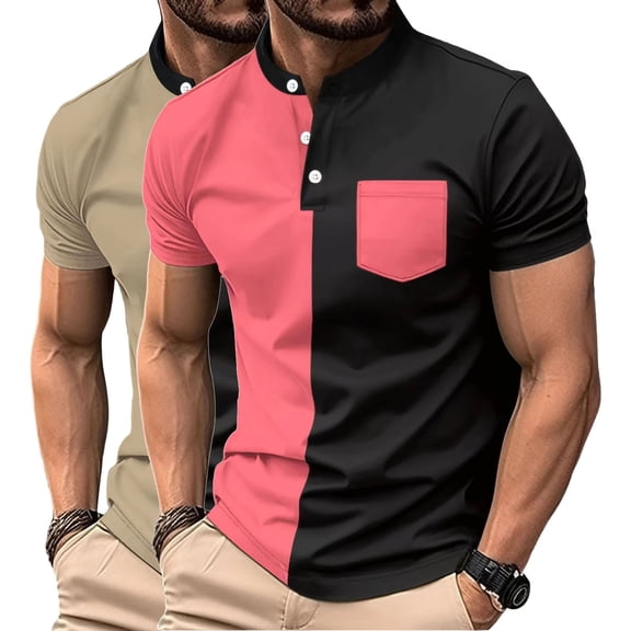 FRSASU Golf Polos for Men Color Block Henley Collar Short Sleeve Summer Tees Loose Fashion Business Work Casual Tops Khaki