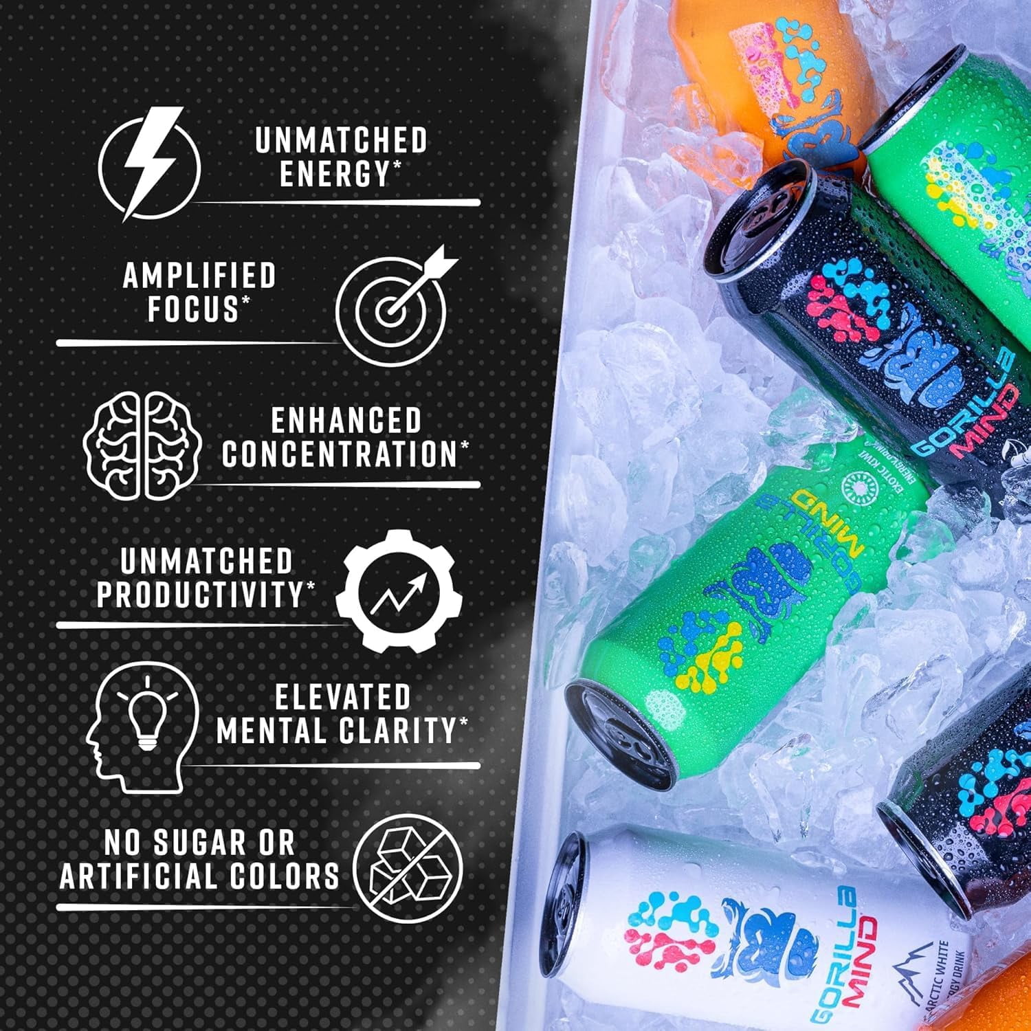 Gorilla Mind Energy Drink, No Sugar or Artificial Colors, Red Gummy Fish, 16 oz, 12 pack Cans