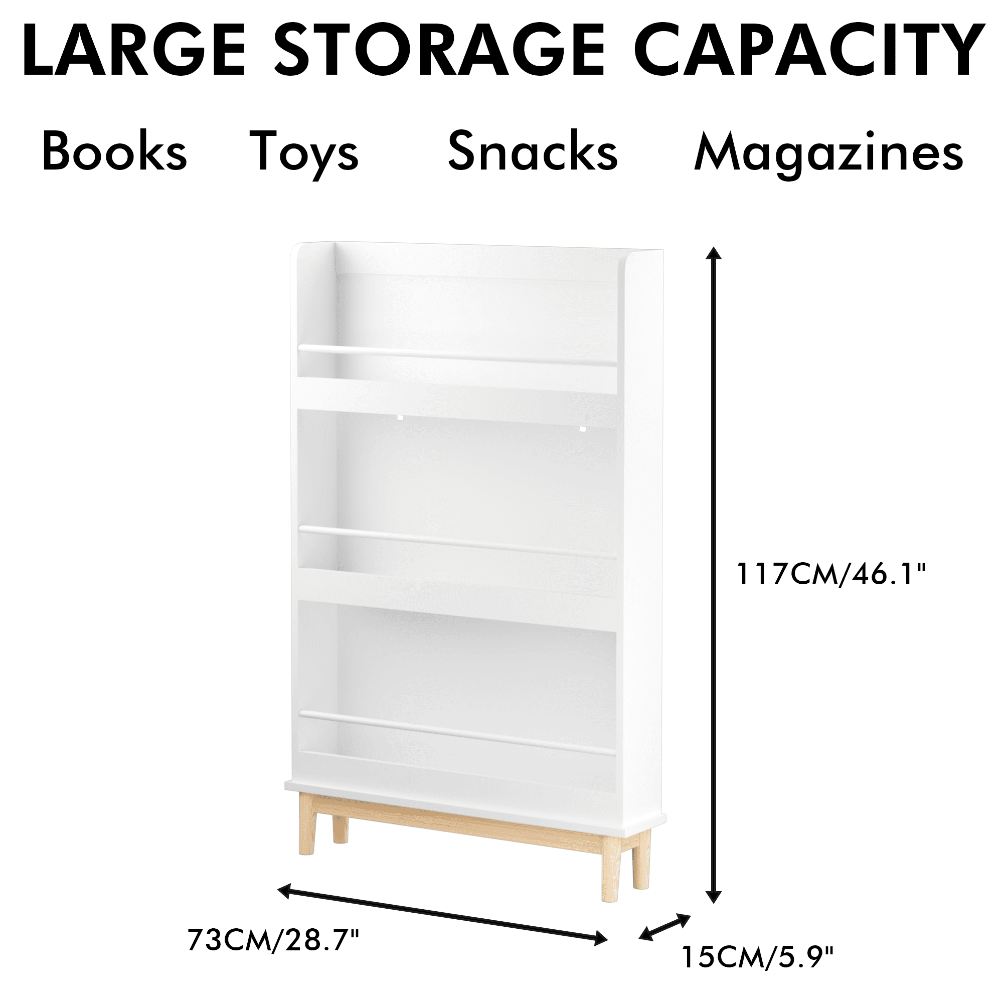 Kids Bookshelf with 3 Front-Facing Display Shelves,Modern White Book Rack for Bedroom,Playroom