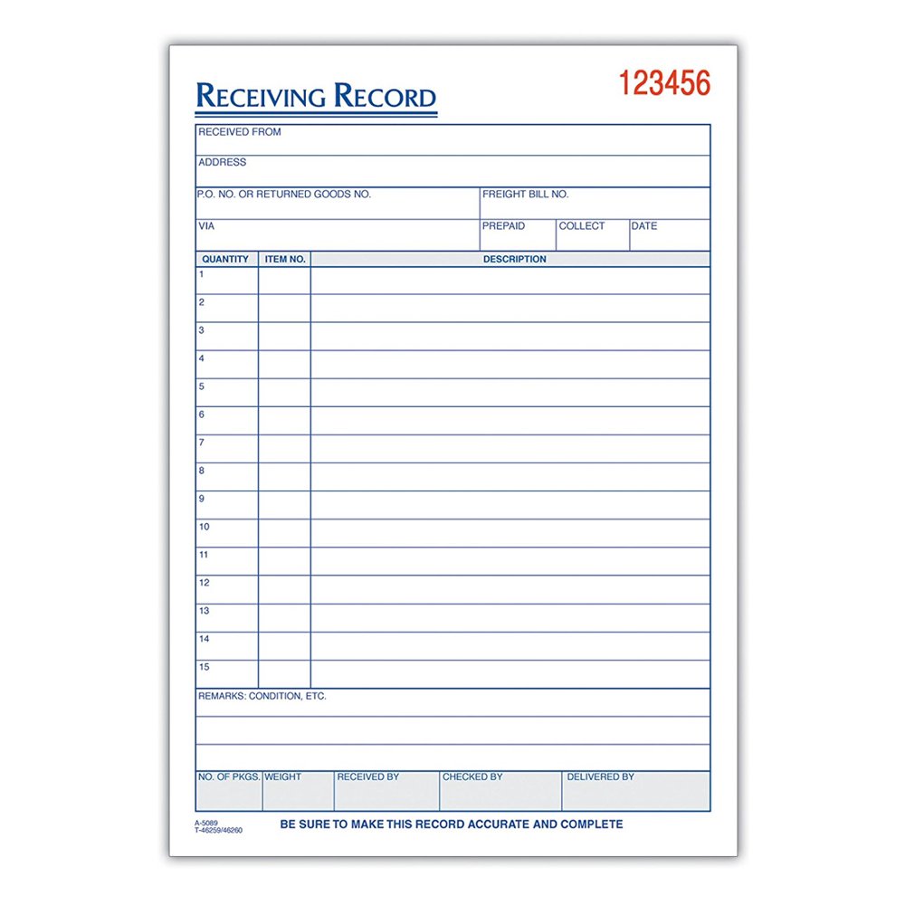 Receiving Record Book, 3Part, Carbonless, 50 Sets per Book (46260