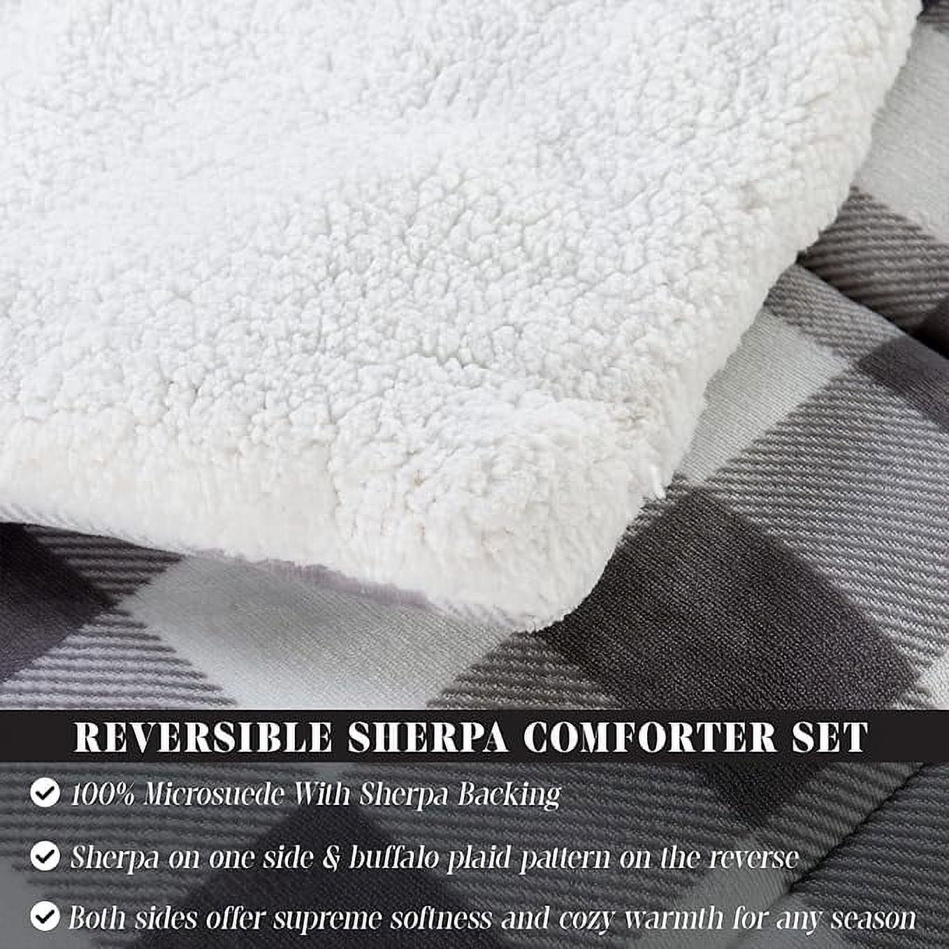 Elegant Comfort 3-Piece Buffalo Lodge-Plaid Comforter Set, Luxurious, Heavyweight, All Season, Micromink Sherpa-Backing Reversible Micro-Suede, Soft and Plush, Queen, Gray/White
