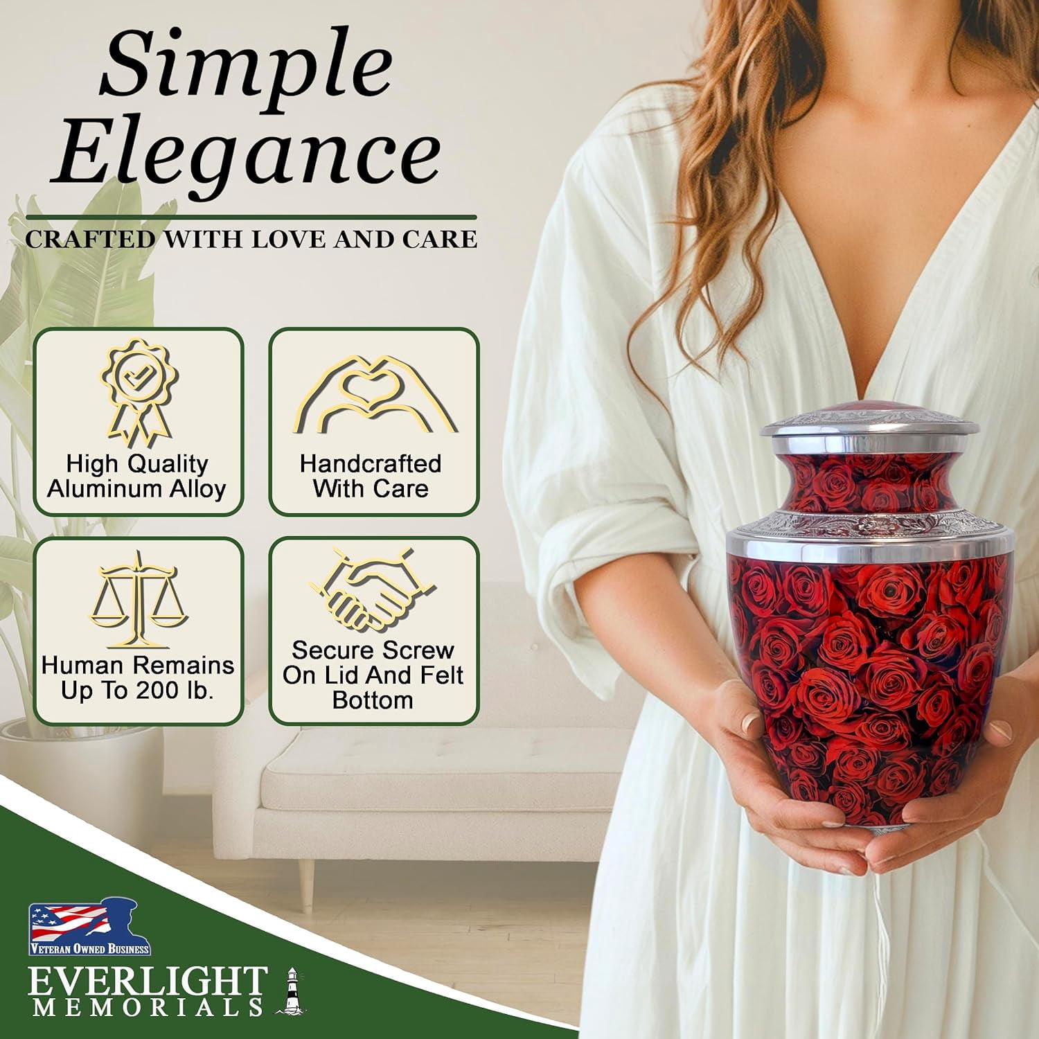 Red Roses Cremation Urn for Human Ashes – A Loving Tribute for an Adult Female – Memorial Urn for Mother, Daughter, Sister, or Wife – A Place for Her Memory to Bloom Every Day