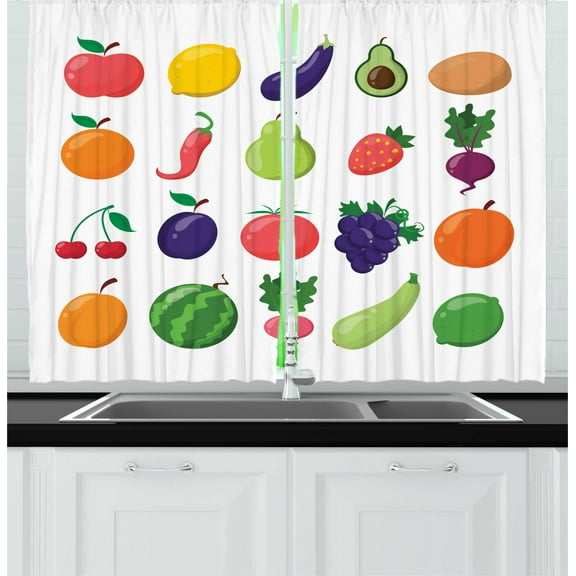 Ambesonne Fruits and Vegetables Kitchen Curtains, Diet Food, 55"x39", Multicolor
