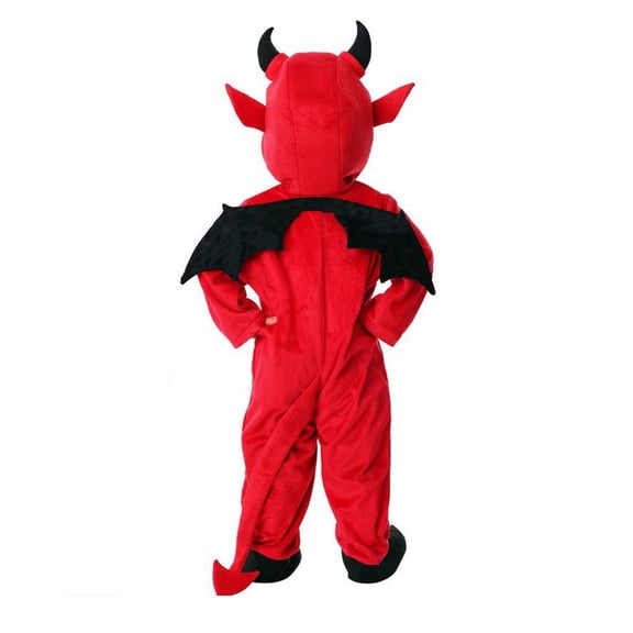 Kids Devil Costume Hooded Jumpsuit with Horns Bat Wings and Tail, Plush Fleece Covered Feet, Spooky Halloween Night