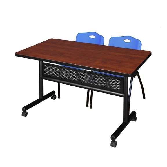 Regency Kobe 48 x 30 in. Flip-Top Privacy Nesting Table- Cherry, 2 M Stack Chairs- Blue
