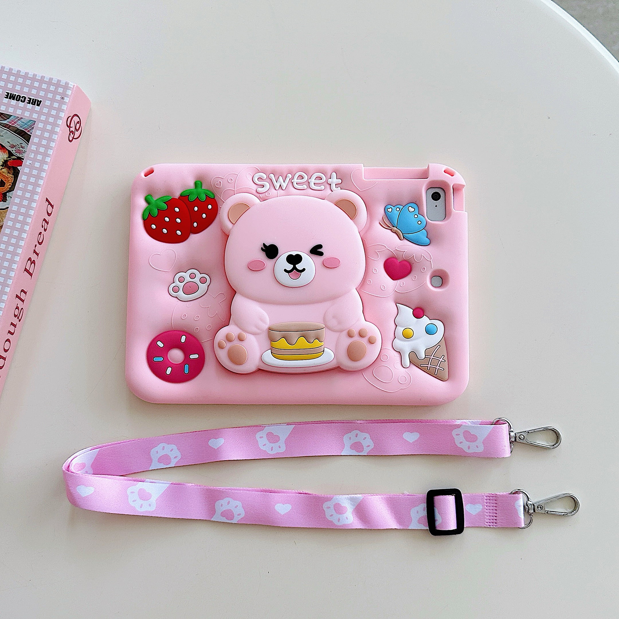 Dteck for iPad mini 5/4/3 Generation 7.9" Case with Pencil Holder, Soft Silicone Cute Cartoon for 7.9 Inch iPad mini with Shoulder Strap Foldable Stand for Kids Boys Girls,Pink Bear