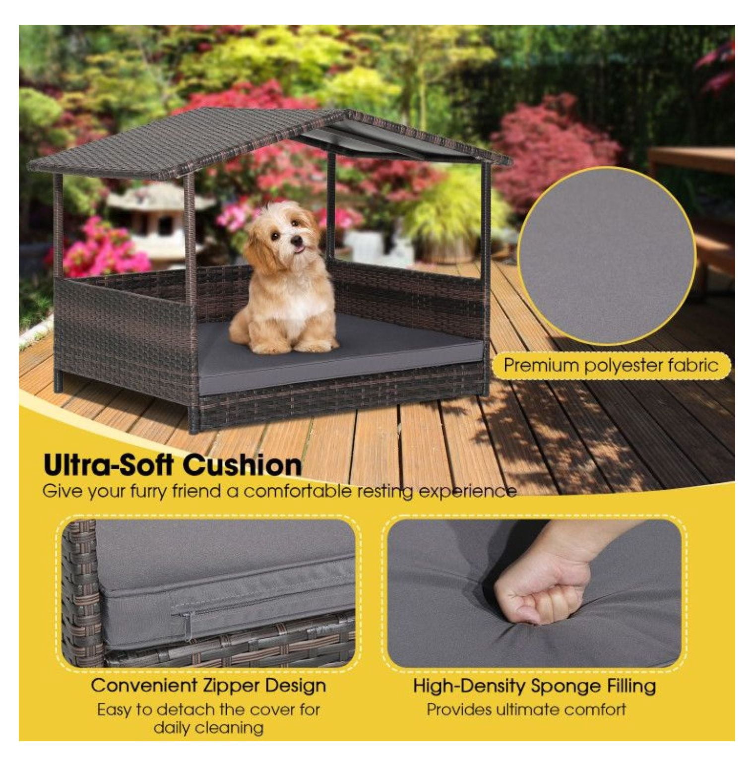 Wicker Dog House Outdoor Indoor, Weatherproof Rattan Dog Bed with Cushion - Large Dog House for Yard, Porch, Living Room, 38.5x27x28.5 Inch