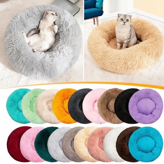 Round Fluffy Donut Cat Dog Bed,Soft Long Plush Calming Anti-Anxiety Pet Nest,Washable Cozy Round Pet Bed for Small Medium Dogs Cats Kittens Puppies,Multiple Color All Season Indoor Sleeping Cushion