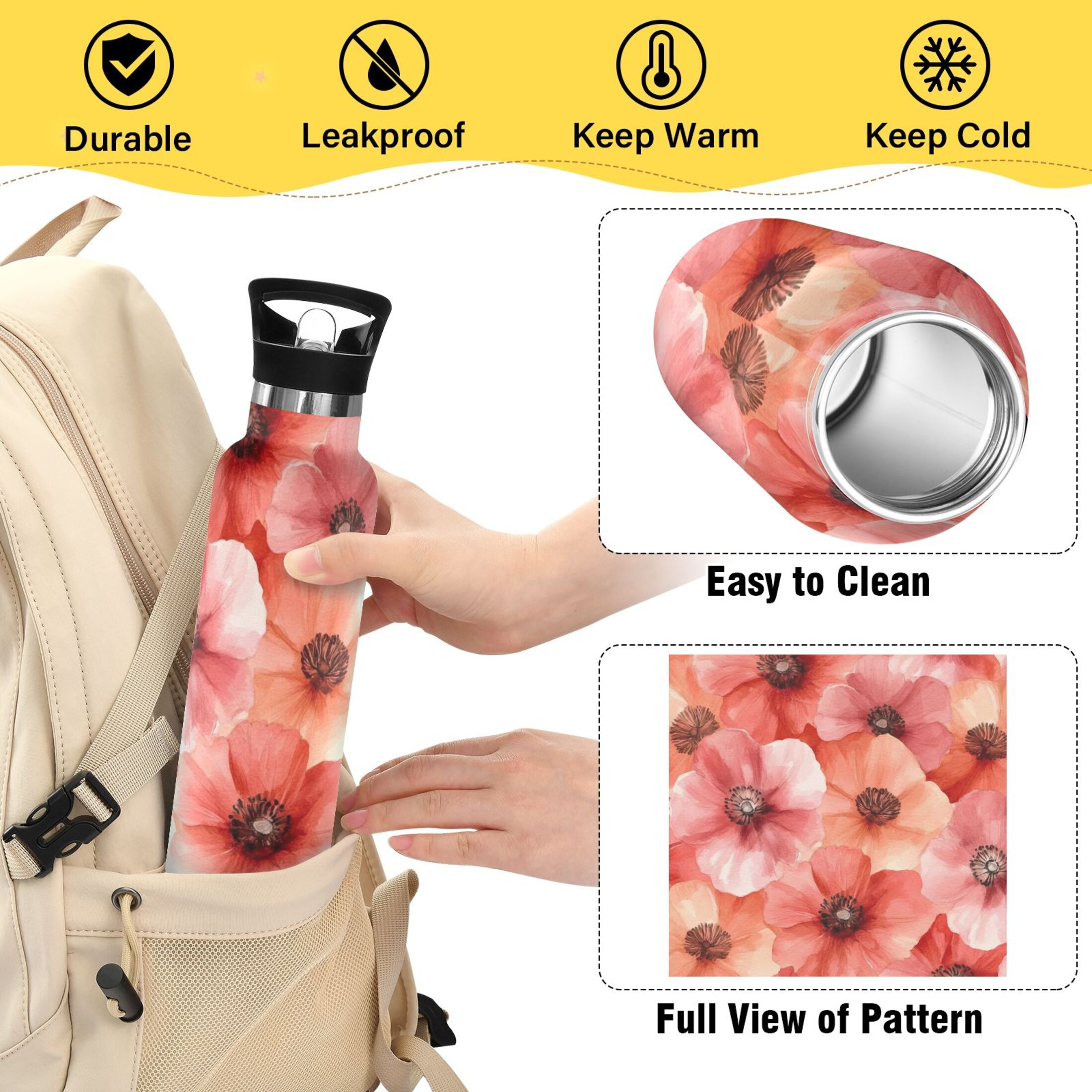 600ML Stainless Steel Insulated Cup Sports Water Bottle Portable Thermos Cup Water Glasses Insulated Tumblers Convenient and Durable Red Flower