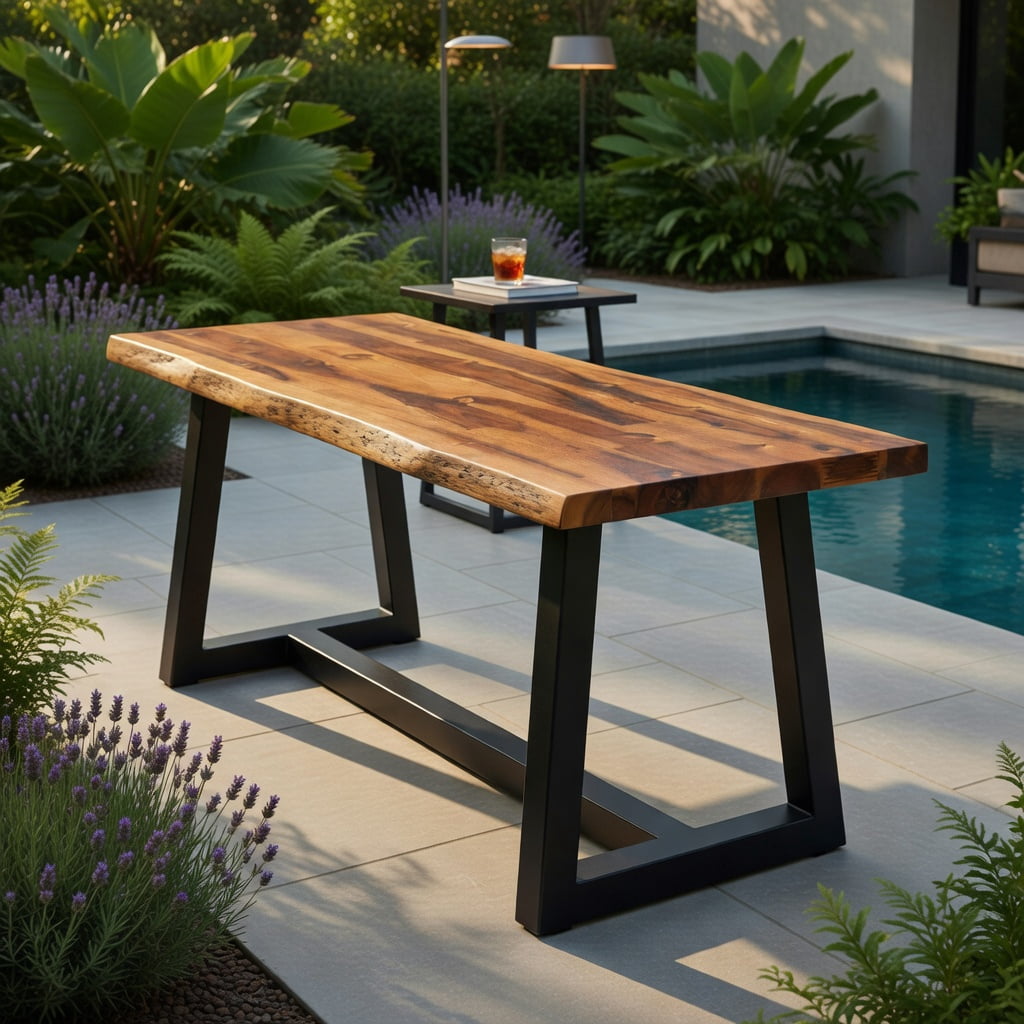 Hommoo Acacia Wood Outdoor Patio Bench, Sturdy Metal Legs, 57.5" Modern Dining & Garden Seating Chair for Deck, Backyard, or Balcony, Natural