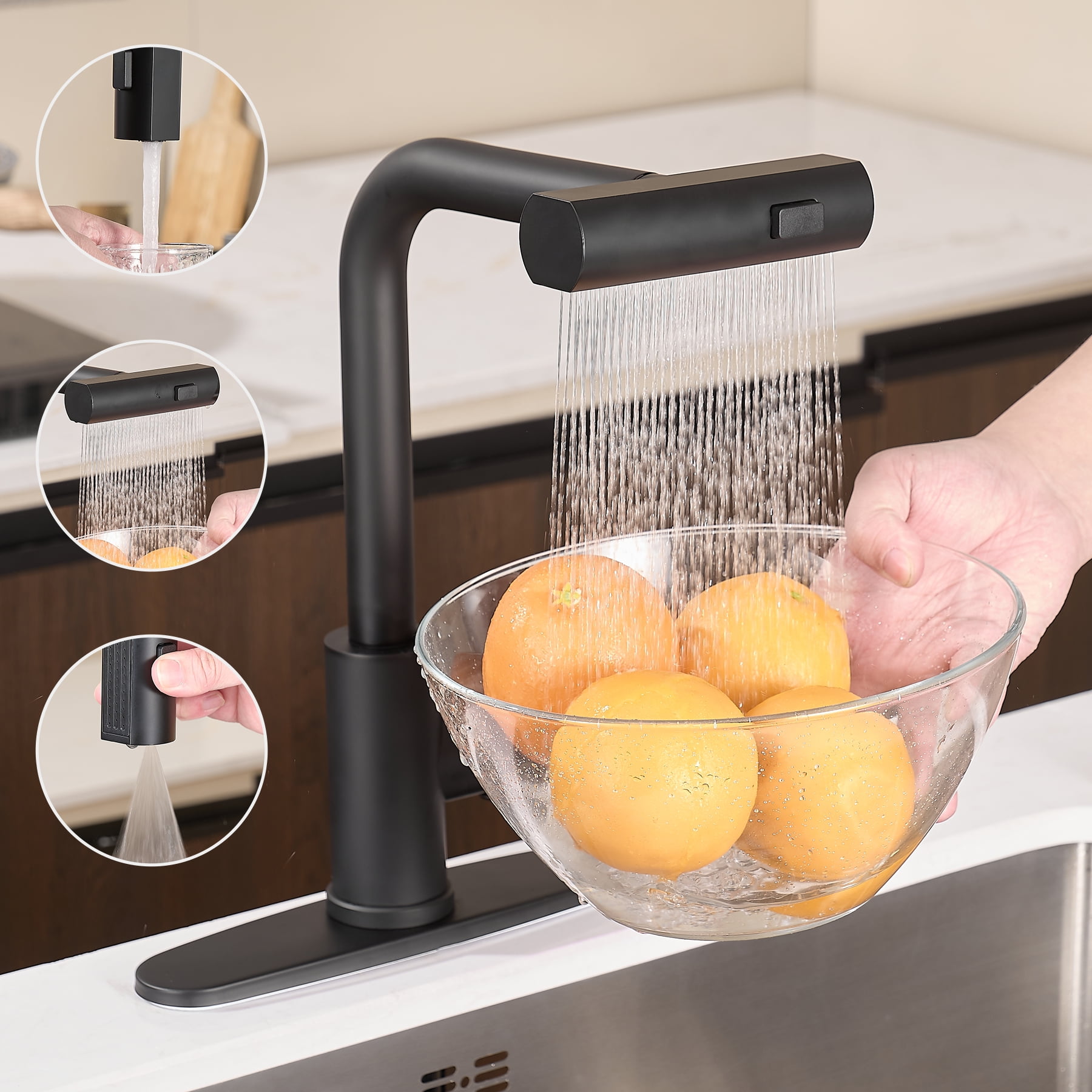 Kitchen Faucet with Pull Down Sprayer, Brushed Nickel Waterfall Single Hole Handle Stainless Steel Kitchen Sink Faucets,black
