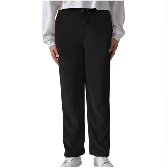 Sevevn Women's Solid Color Plush Elastic Waist Pockets Long Pants Black XL Great Gifts for Less