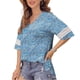 thumbnail image 5 of Camiseta con cuello en V y abertura lateral, puños de encaje sueltos, media manga, Top informal de moda para mujer, patrón azul L, 5 of 7