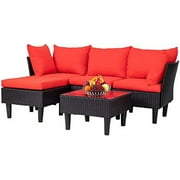 Patio Furniture Sets 5 Pieces Outdoor Wicker Conversation Set Sectional Sofa Rattan Chair For Outdoor Backyard Porch Poolside Balcony Garden Furniture With Coffee Table,Red Cushion
