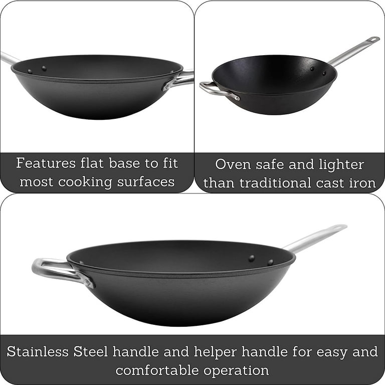IMUSA 14 Light Cast Iron Wok with Stainless Steel Handle - Black